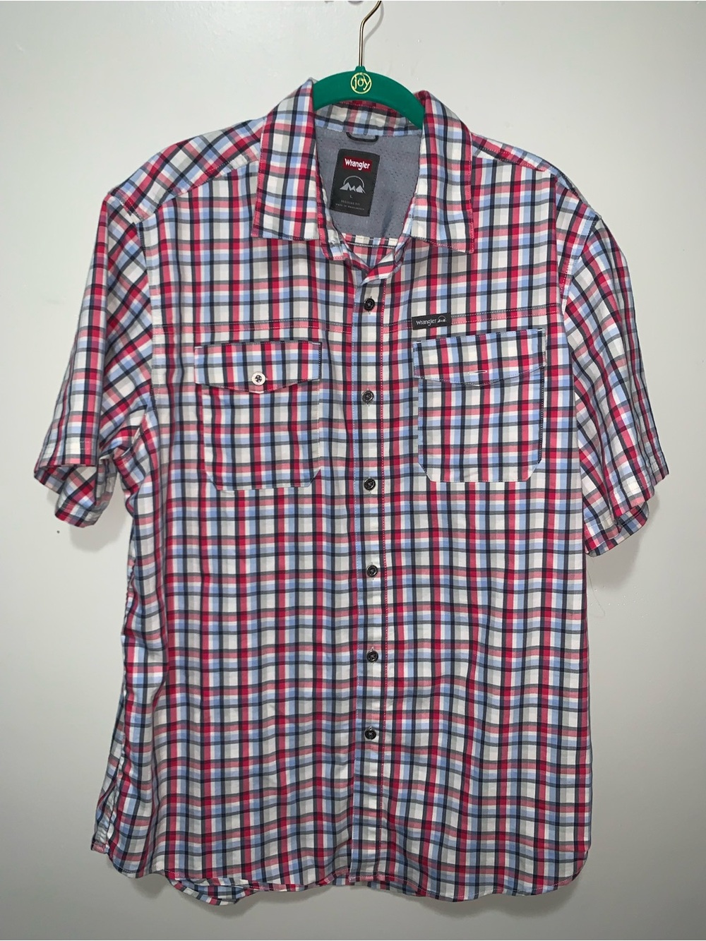 Wrangler Men’s Short-Sleeve Plaid Button-Down Shirt in Red, White, Blue